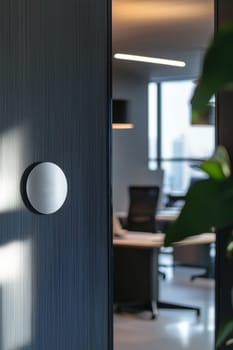 A glossy, circular sticker with a professional company logo adheres to a polished steel surface in a sleek, modern office. features a clean industrial setting with natural light, stylish furnishings, and an open layout reflecting contemporary corporate aesthetics.