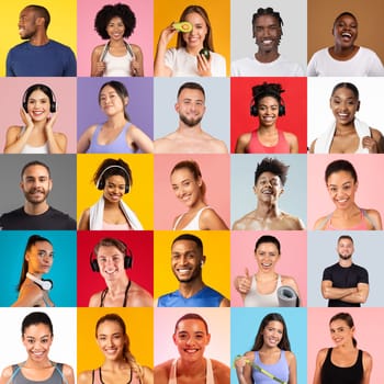 A vibrant mix of individuals showcases their commitment to fitness through joyful expressions and activities. Various poses highlight different aspects of an active lifestyle in a colorful background.