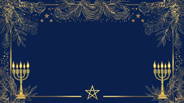 Hanukkah greeting card template featuring a deep blue background with ornate golden illustrations of a menorah and star of david. ideal for personalized holiday messages, perfect for print, cards, or posters.