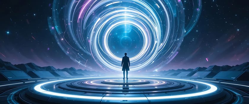 A lone figure stands beneath cosmic rings aglow, surrounded by vast, silent emptiness. Echoes of distant stars whisper secrets. Hope and isolation entwine, as the unknown beckons with cold, radiant allure.