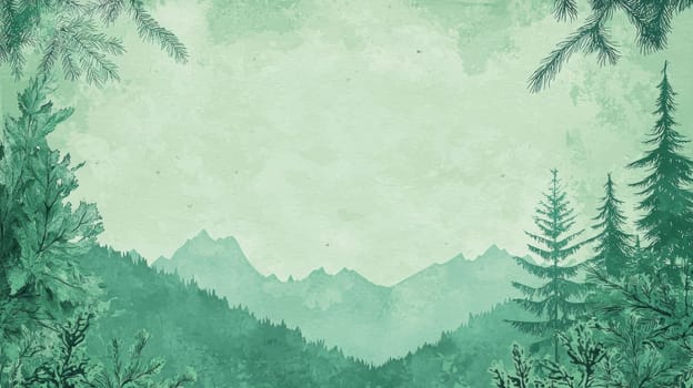 Nature-themed greeting card template featuring a calming forest green background, illustrated with pine trees and mountains. includes an open area for text, ideal for eco-friendly branding or nature-related designs.