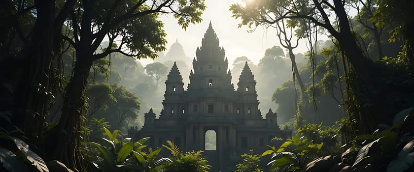 Enshrouded in misty tendrils, ancient spires pierce the jungle's heart. Sunbeams caress timeworn stones, as whispers of forgotten secrets stir the dense, emerald canopy. Mystery and reverence mingle in the hallowed air.