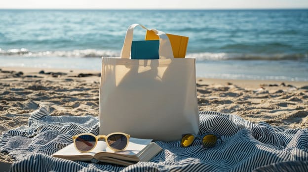 A reusable tote bag holds summer essentials, including sunglasses, sunscreen, and a book, resting on a striped beach blanket. the serene ocean and sandy beach create a relaxing backdrop, embodying the essence of a perfect summer day.