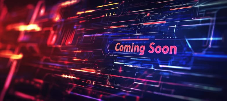 A sleek "coming soon" banner set against a dark interface, holographic icons and glowing futuristic patterns. emphasizes innovation and modernity, ideal for tech-driven presentations, digital designs, and product launches.