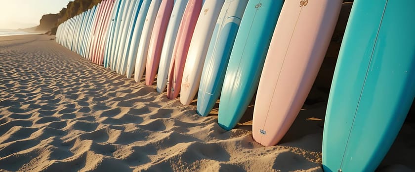 Golden sunset caresses a shoreline where colorful surfboards stand like vibrant sentinels, their shadows etched into rippling sand. Warmth and anticipation dance on the breeze, whispering tales of waves and freedom.