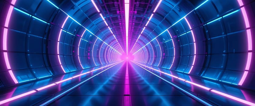 Deep within this luminous abyss, neon hues dance, creating a symphony of light and shadow. Electric blues and pulsating purples merge, drawing you into an endless vortex. The air hums with energy, every breath charged with anticipation. You're entranced, feeling a mix of exhilaration and mystery, pulled deeper into this futuristic dream.