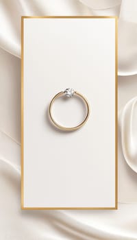 Elegant greeting card template showcasing a minimalist design with a white and gold color scheme. features a simple engagement ring illustration and a gold ribbon, offering space for a congratulatory message, ideal for engagement announcements.