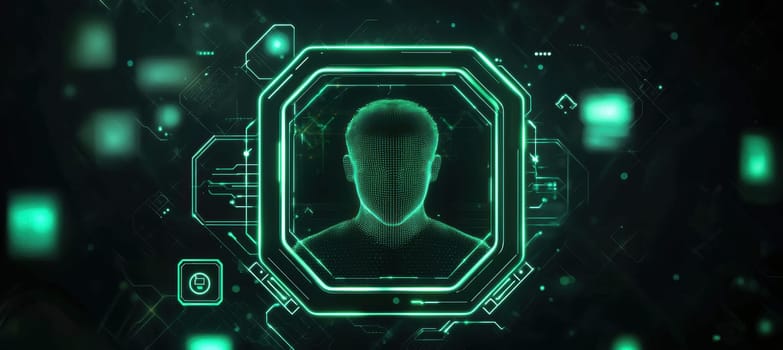 Futuristic email signature featuring dark background and glowing green circuitry, a rounded neon frame for the profile picture. ideal for tech-savvy professionals, ai themes, and digital branding needs.
