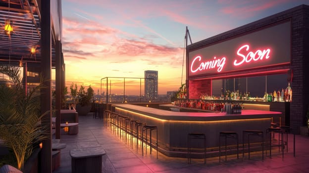 Chic rooftop bar at sunset showcases a reserved area with sleek seating. the glowing "coming soon" neon sign adds allure. city skyline forms a stunning backdrop, enhancing the exclusive and inviting atmosphere of the bar setting.