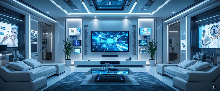A futuristic sanctuary bathed in cool blue light, where technology and comfort entwine. Sleek screens glow with life as plush seats invite relaxation. The air hums softly, pulsing with innovation and serene possibility.