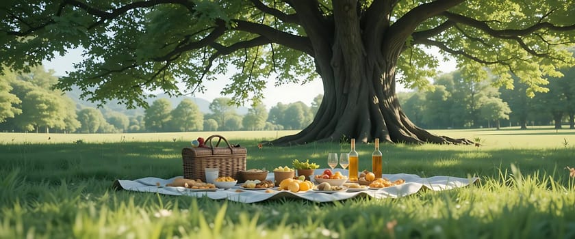 Beneath a grand tree's embrace, a picnic rests on sun-drenched grass. Golden light dances, as serene warmth and joyful anticipation fill the air. Nature's calm whispers of simple joys and shared moments.