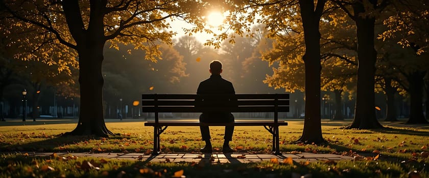 Golden leaves dance beneath towering trees as a lone figure sits in quiet contemplation. Sunlight filters through the canopy, casting a warm, comforting glow. The park's serenity whispers of solitude and reflection, invoking a sense of peaceful melancholy.
