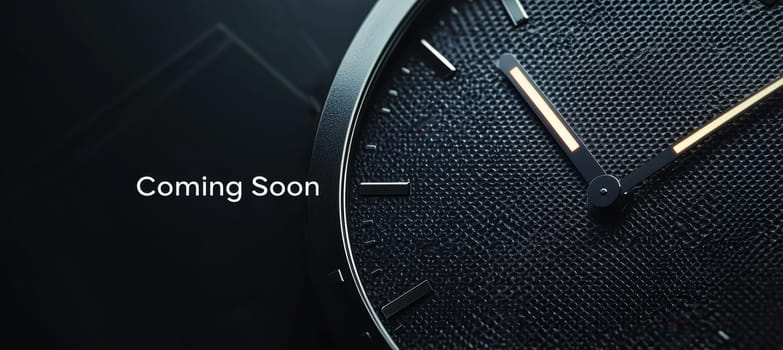 Modern, sleek banner for an upcoming watch release featuring a metallic textured background. includes a glowing clock face silhouette and minimalist typography, perfect for luxury brand promotions, advertising, or digital displays.