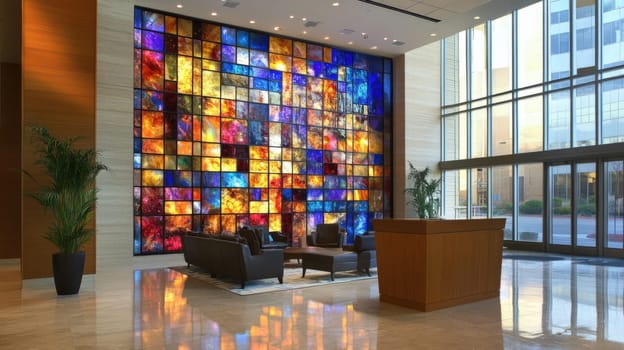 Modern abstract stained glass wall in a corporate lobby