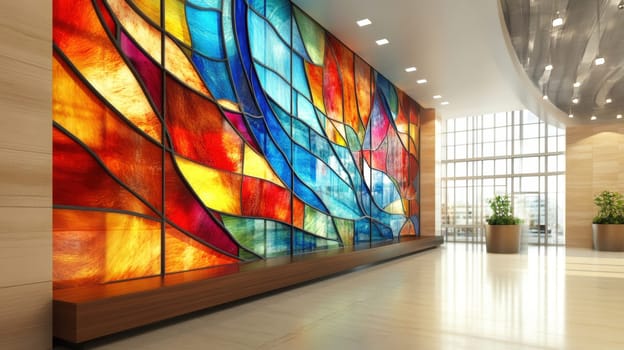 Modern abstract stained glass wall in a corporate lobby