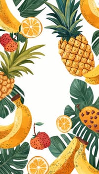 Bright and lively tropical fruit themed greeting card design featuring playful illustrations of pineapples, mangoes, and bananas. the design includes a blank center space, perfect for adding a personalized message for summer or tropical parties.