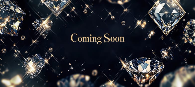 Elegant banner featuring a "coming soon" message for a jewelry launch. surrounded by sparkling diamonds and golden accents against a lush dark velvet background, it opulence and anticipation of the upcoming event.