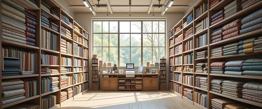 Sunlight streams through tall windows, warming the polished wood of endless bookshelves. The scent of aged pages mingles with the quiet hush of a sanctuary for dreams and knowledge. A desk invites contemplation, framed by a world of stories, offering solace and endless adventure.