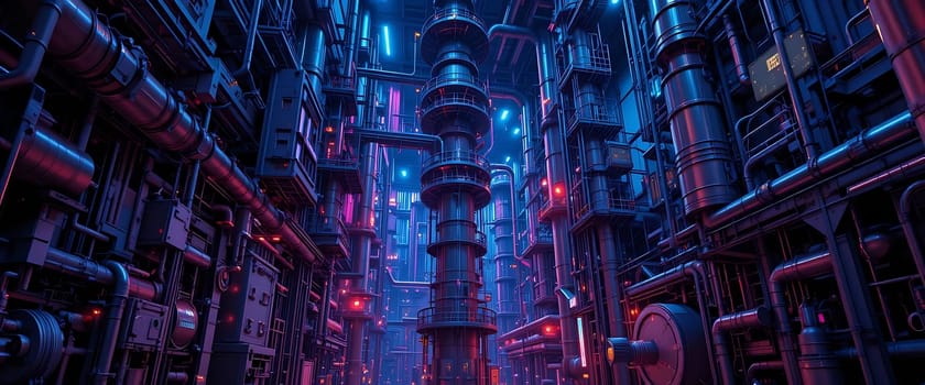 In a neon-bathed abyss, towering metal giants loom, their hum a haunting symphony. Cold steel breathes eerie life, pulsating with alien energy. Fear and wonder entwine in this futuristic underworld, where shadows dance with electric light.
