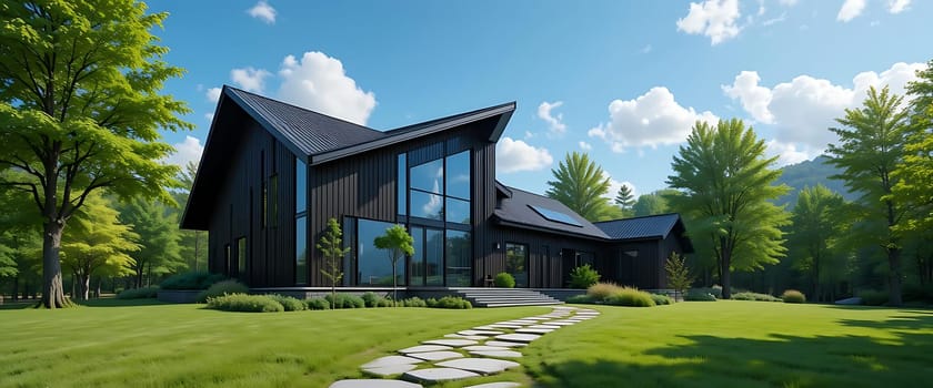 Nestled in emerald serenity, the modern haven stands proud under a cerulean sky. Sun-kissed lawns whisper tranquility, while glass walls reflect dreams, inviting awe and peace within this harmonious sanctuary.