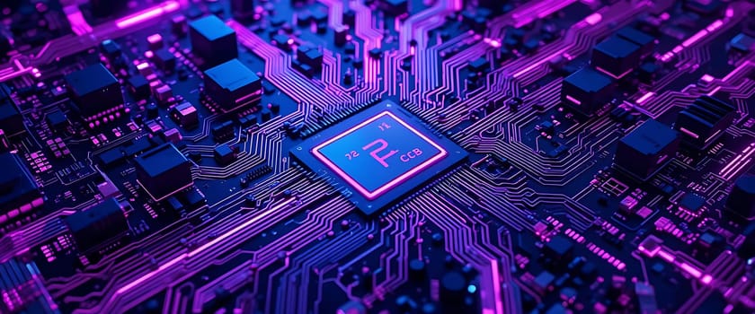 Bathed in neon hues, a pulsating chip lies at the heart of a circuit board, evoking a futuristic dance of technology. The cool blues and vibrant purples stir a sense of wonder and anticipation, as if gazing into a digital dreamscape where innovation thrives.