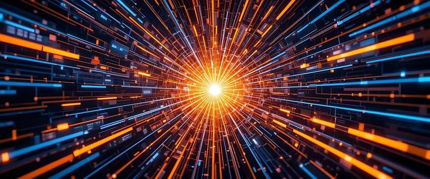 A digital cosmos erupts in radiant energy, bursting with golden light. Blue streaks dash through infinite darkness, evoking wonder and awe. Feel the electric pulse, the surge of endless possibilities.