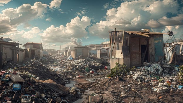 A captivating view of urban decay, showcasing a desolate landscape filled with waste and abandoned structures