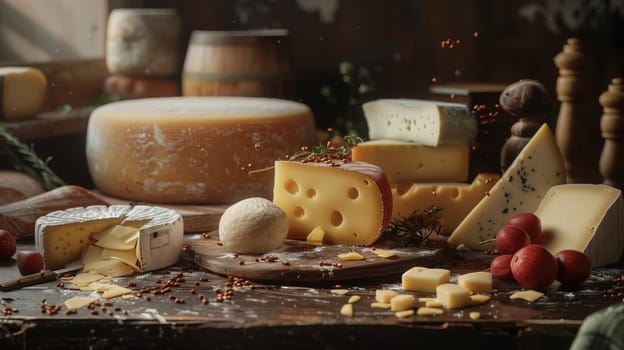 The board includes selections such as brie, blue cheese, aged cheddar, gouda, and goat cheese, each with distinct textures and colors