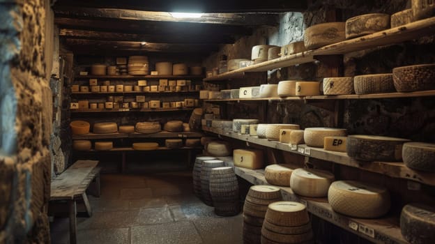 Traditional cheese cellar filled with wheels of aging cheese