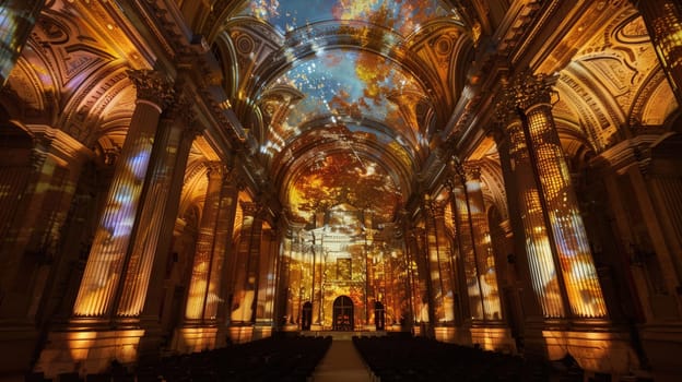 A stunning and breathtaking light display magnificently illuminating the expansive interior of a grand cathedral