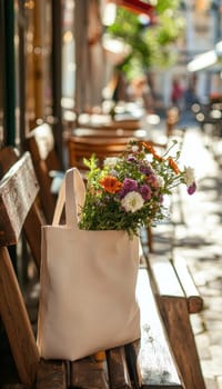 Stylish tote bag filled with vibrant, fresh flowers rests on a rustic wooden bench in a sunlit outdoor cafe. the blurred background creates a serene, inviting atmosphere perfect for a leisurely day at a charming bistro.