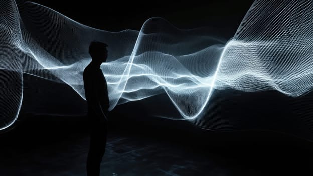 A breathtaking and stunning representation of digital art featuring a striking silhouette against glowing wave patterns