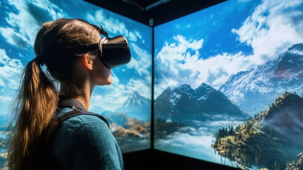 A young adult is fully immersed in an engaging virtual reality experience at an innovative tech exhibition