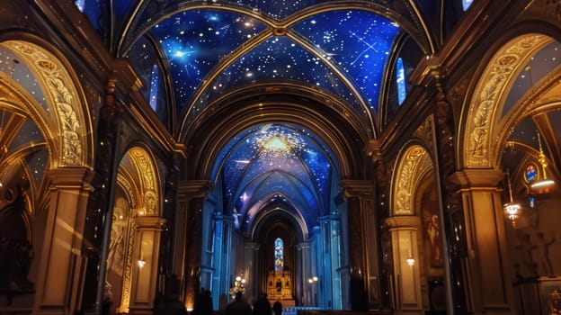 A stunning interior view of a magnificent cathedral, beautifully lit by enchanting lights and shimmering stars
