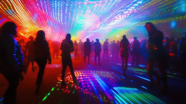 A vivid display of ethereal figures dancing in a burst of colors and light, creating a mesmerizing scene