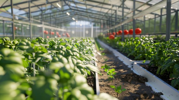 Scene of a modern greenhouse filled with rows of plants such as tomatoes, peppers, and herbs