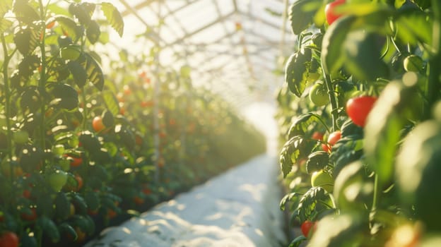 Scene of a modern greenhouse filled with rows of plants such as tomatoes, peppers, and herbs