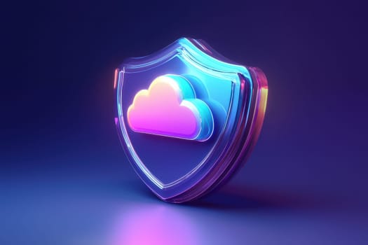 A colorful cloud with a shield on top of it. The shield is blue and the cloud is multicolored