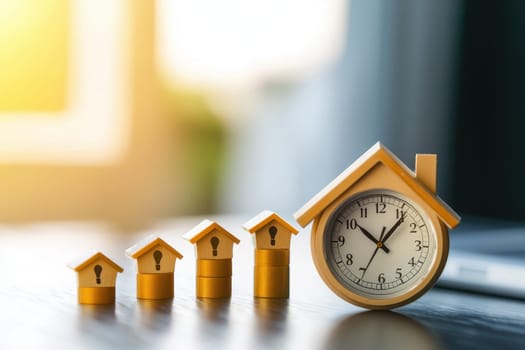 A wooden house with a clock on top of it. The clock is set to the time of 10:00