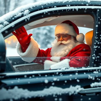 Santa Claus rides in his car, waves his hand, snow Christmas holiday New Year greetings. High quality photo