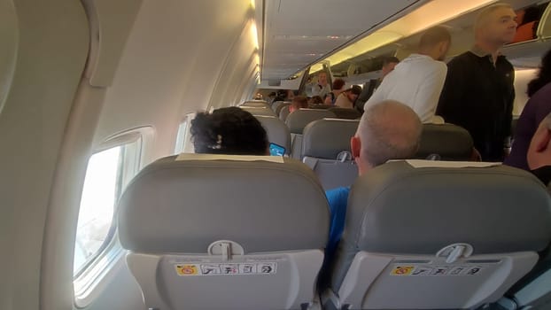 15 October 2024 Tel-Aviv Israel Ben Gurion airport. Airplane interior seating. High quality photo