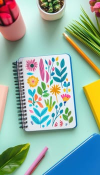 Whimsical butterfly stickers adorn a glossy notebook cover, surrounded by vibrant stationery, offering a creative and inviting aesthetic. bright natural lighting enhances the colorful and cheerful workspace ambiance.