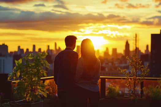 A couple is standing on a rooftop, looking out at the city skyline as the sun sets. Scene is romantic and peaceful, as the couple enjoys the beautiful view together