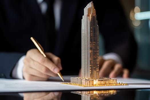 A man is writing with a pen on a piece of paper. The man is wearing a suit and tie. The paper has a drawing of a tall building on it