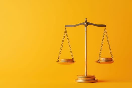 A gold scale with two sides and a coin on each side. The scale is balanced, but the coins on one side are heavier than the other