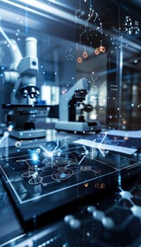 Close-up of a bioengineer's workstation showcasing detailed genetic diagrams, lab notes, and advanced laboratory equipment, the precision and complexity involved in modern bioengineering practices.