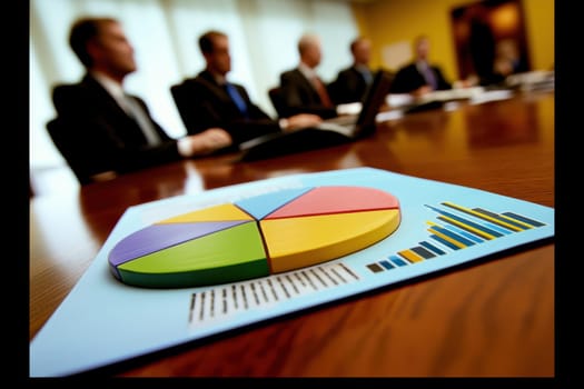 A group of men are sitting around a table with a pie chart on top of it. The chart is colorful and has different sections, indicating a variety of data. The men are dressed in suits