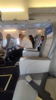 15 October 2024 Tel-Aviv Israel Ben Gurion airport. Airplane interior seating. High quality photo