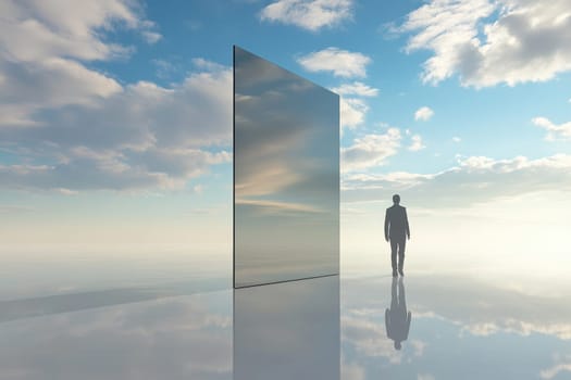 A man stands in front of a large mirror, looking out at the ocean. The mirror is surrounded by clouds, creating a sense of depth and mystery