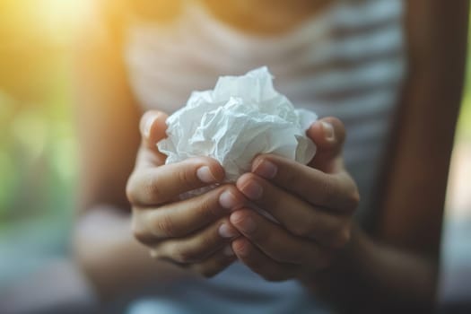 A person is holding a piece of paper in their hands. The paper is crumpled and torn, and the person's hands are wrapped around it. Concept of fragility and vulnerability